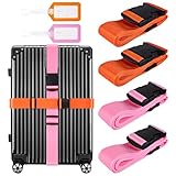 RYACO 4 Stück Koffergurt mit 2 Stück Gepäckanhänger Set, Verstellbare Rutschfestes Reisezube, kofferbänder Feste Schnalle für Koffer Gepäck Reisetasche 18-32 Zoll Koffer