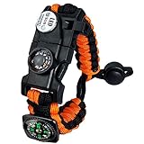 Paracord Survival Armband Kit für Herren Damen, Survival Armband mit Feuerstein + Kompass + Thermome (Orange)