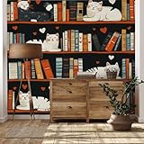 Yidbhsse Cartoon Katze 3D Effekt Tapete 150x200 cm, Tier Bibliothek Wandtapete Wohnzimmer Wanddeko, vliestapete Bücherregal Bücher Fototapete Schlafzimmer, Motivtapete