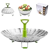 BangShou Edelstahl Dampfgarer, Einstellbar Dünsteinsatz mit ausziehbarem Griff für Gemüse und Obst, faltbarer Körbchen rostfrei geeignet für Spülmaschinen Baby-Nahrung(14-23cm)