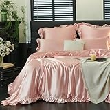 Freyamy Satin Bettwäsche 135x200 Glatt Luxus Seide Glanzsatin Bettwäsche Set Rosa Einfarbig Rüschen Romantisch Sommer Mädchenbettwäsche 1 Bettbezüge und Kissenbezug 80x80 mit Reißverschlüsse