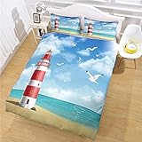Bettwäsche 135X200 cm mit Weich Atmungsaktiv Frischer Leuchtturm und Meer Bettwäsche Set 3 Teilig 1 Mikrofaser Bettbezug mit Reißverschluss und 2 Kissenbezüge 80 X 80cm cm für Kinder Erwachsene