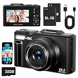 4K Digitalkamera mit WLAN, 180° Flip Screen Autofokus 64MP Vlogging Fotoapparat mit Selfie, WiFi Kompaktkamera, 16X Digitalzoom,mit 32GB Karte 2 Batterien für Anfänger