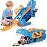 Shawe Dinosaurier Transporter Truck Auto Spielzeug ab 3 4 5 6 Jahre mit 6 Die-Cast-Fahrzeugen, Autorennbahn Aufbewahrung Verschlucken Transformierbar Spielzeugautos Geschenk für Jungen Mädchen Kinder