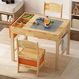 DEZAGCE Kindertisch mit 2 Stühlen – Bausteine-Tisch aus Naturholz, Spieltisch mit Schublade & Stofftasche, Holz Kindermöbel 71x51x56 cm für Kinderzimmer, Kreatives Spielen & Lernen