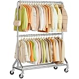 MISSLO Schwerlast Kleiderständer auf Rollen, 127 cm Breit Doppelter Kleiderstange, Stabile Garderobenständer Industrie mit 2 Stangen für Hemden, Mäntel, Jacken, Kommerzieller (Silber)