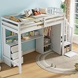 Etagenbett mit Schreibtisch und Kleiderschrank, Treppe, multifunktionales Kinderbett, Kinderetagenbett, ausgestattet mit Schubladen und Treppenschrank, großer Stauraum, ohne Matratze, 90*200cm weiß