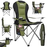 24MOVE® Campingstuhl faltbar bis 150 kg, Faltstuhl Angelstuhl Klappstuhl Gepolstert mit Armlehnen, Getränkehalter + Tasche mit hoher Rückenlehne, Strandstuhl, Klapphocker, grün