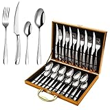 Besteck Set 6 Personen 24 teilig Edelstahl Spiegelpoliert Besteckset Spülmaschinenfest Essbesteck Set mit Messer Gabel Löffel Geschenkbox für Haus Küche Hochzeit Party Restaurant (Silbrig)
