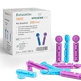 Hygiene100 Diabetes-Blutlanzetten – Packung mit 200 diabetischen Universal-Lanzetten für Blut- und Glukosetests – passend für die meisten Stechhilfen – Einmalgebrauch, 28 g, 30 g – Blau und Lila