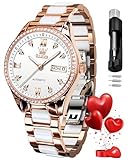 OLEVS Automatikuhren für Damen, Diamant-Mode, elegantes Kleid, mechanisch, selbstaufziehend, Datum, Damen-Armbanduhr, luxuriös, rotgold, zweifarbig, Keramikuhr, wasserdicht, leuchtend, Weiss/opulenter