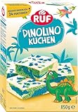 RUF Dinolino Kuchen, dreifarbiger Blechkuchen Zitronen-Geschmack mit Zuckerglasur und bunten Dino-Streuseln, perfekt für Kindergeburtstage und Babyshower-Partys, 850g