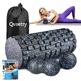 Faszienrolle Set, Qveetry 4 in 1 Faszienrolle mit Faszienball und Duoball, Massagerolle Set zum Faszien Training von Muskeln, Foam Roller für Tiefenmuskelmassage, Pilates, Yoga Sport (Schwarz-blau)