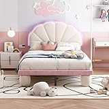 FocusOnHome Polsterbett mit mehrfarbigen, wechselnden LED Lichtstreifen, Kopfteil mit Wellenschliff, mit gepolsterter runden Beine, Kinderbett mit Holzlatten, Einzelbett, Samt, Beige+Rosa, 90x200cm