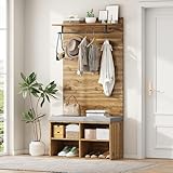 ModernLuxe Garderoben-Set in Holzoptik Eingangsschrank Wandgarderobe mit Schuhbank, verstellbarem Regal, Kleiderstange und Polster – Platzsparende Flurmöbel, 84 x 32 x 175 cm Holzfarbe