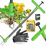 KESSER® Unkrautstecher mit Stiel | Unkrautentferner mit T-Griff & Fußpedal | Gartenwerkzeug effizientes Entfernen von Unkraut 3 Stahlzähne & Sprungfeder | Wurzelentferner mit Handschuhe & Schutzkappe