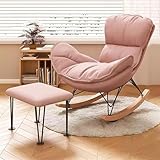 Moderner bequemer rosa Schaukelstuhl mit dickem Kissen und Fußhocker – gepolsterter Kunstleder-Loungesessel zum Lesen & Nickerchen – stilvolle Wohnzimmermöbel