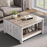 YITAHOME Couchtisch, Quadratischer Wohnzimmertisch 2-stöckiger, Couchtisch mit Stauraum für Couch Schlafzimmer,Stabiler Metallrahmen 80x80x45cm