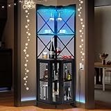 EROMMY Weinschrank, Barschrank Vintage mit Led Licht & Glashälter, Eckschrank aus Metallrahmen, 5 Stufen Küchenschrank mit Kippschutz für Küche Esszimmer Wohnzimmer, Schwarz