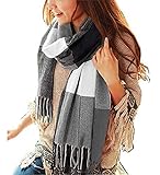 heekpek Damen Kariert Oversized Kaschmir Schal Lange Winterschal Weich Wraps Groß Karo Fransen Schal Warm Schal für Herbst Winter, Schwarz weiß