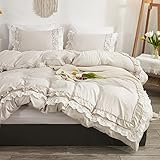 Sedefen Rüschen Bettwäsche 135x200cm Beige mit Weiß Romantische Rüschenbettwäsche Set ÖKO-TEX Zertifiziert Mikrofaser Bettbezug Rüschen Aesthetic Deckenbezug mit Reißverschluss und 1 Kissenbezug