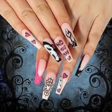 Künstliche Nägel für Halloween, zum Aufdrücken mit rosa Herzmuster, 24 Stück, lange Sarg-Nägel zum Aufkleben für Frauen und Mädchen, künstliche Nägel-Set mit Nagelkleber, Kunst, Cosplay-Dekoration
