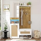 Oslghy Garderoben Set, Garderobenset Flur, Flurgarderobe Set mit Spiegel und 16-Farbiger LED, Wandgarderobe mit Schuhbank und Kissen, Kompaktgarderobe Schuhschrank mit 5 Kleiderhaken, 110x38x190cm
