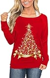 Damen-Sweatshirt, langärmelig, Rundhalsausschnitt, leger, aus Baumwolle, Rot Golden Weihnachtsbaum, XX-Large