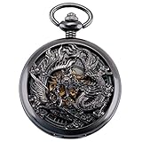 ManChDa Retro Taschenuhr Herren mit Kette analog Handaufzug Drache Phönix Skelett Römische