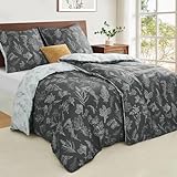 Duvetnova Bettwäsche 135x200 Blumen Grau Pflanzen Wende Weich und Angenehm ÖKO-TEX Bettwäsche-Sets 2 Bettbezüge 135 x 200+2 Kissenbezüge 80x80 -alle mit Reißverschluss