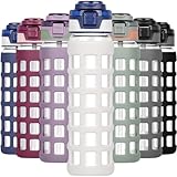 Ferexer Glasflasche 1 Liter, Trinkflasche Glas 1000ml / 660ml, mit Deckel Flip Strohhalm, Hochborosilicatglas BPA-frei, Auslaufsicher, mit Silikonhülle, Sport Wasserflasche Glas Weiß