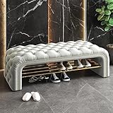 Lebolna Luxuriöse Bettbank mit Knopfende, Samtbank mit Ablage, gepolsterte Eingangsbank, Schlafzimmerbank, moderne Schuhbank, getuftete Schuhregal, Bank (90 cm B x 41,9 cm T x 43,2 cm H, Grau)