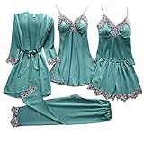 Pyjama 5-Teiliges Schlafanzüge Nachthemd Set Für Damen Satin, Damen-Spitzen-Pyjama-Set Sexy Nachtwäsche Elegant Schlafanzug Kurz Große Größen Schlafanzüge V-Ausschnitt Heimkleidung