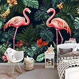 Fototapete Tropisch Blume Flamingo Rosa Grün 400 X 280 Cm(Wxh),Vlies Tapeten Moderne Wandtapete Wohnzimmer Schlafzimmer Spielzimmer Tapete Motivtapeten Bildtapete 3D Effekt