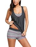 AI'MAGE Damen Summer Tankinis Set 3-Teilig Bademode Badeshirt Sport Fitness 3-Teilig Beachwear Tankinis für Damen, Dunkelgrau, L
