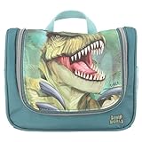 Depesche 12918 Dino World Danger Kulturtasche - Waschtasche in Grün, mit Trex Motiv und Dino Muster, Kulturbeutel mit Reißverschluss und Aufhänger