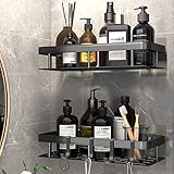 Piroir Duschregal, 2 Stück Duschkorb, Duschablage Ohne Bohren, Badezimmer Regal selbstklebendes oder Stanzen, Duschorganisator mit 5 Klebeflächen und 4 Haken, Space Aluminium, Rostfrei, Schwarz