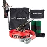 Ultrasport 25m Slackline Advance mit Ratsche inkl. Tragetasche, Slackline für Anfänger, Kinder und Familien, erhältlich mit Baumschutz, Slackline-Set, Fitness Slackline, rot