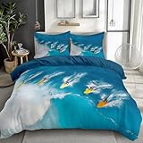 CozyRest Blaues Meerwasser Bettwäsche 135 x 200 cm Reversibel, Hawaii-Surfer Mikrofaser Bedruckte Bettbezug Set 3 teilig - 1 Flauschige Bettbezug und 2 Kissenbezug 80x80 cm Weich und Bügelfrei