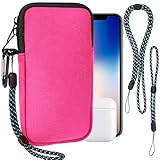 Handytasche für Smartphones, Universelle Neopren Handy Hülle Handy Tasche Hülle Cover Case Schutzhülle mit Karabiner und Umhängeband für Iphone 14 15 16 Samsung,Passend für Telefone bis zu 7 Zoll,Rose