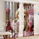 Valentinstag-Thema Kinderzimmer Vorhänge Blickdicht Tierliebe Welpe Verdunkelung mit Ösen, Thermovorhang Wärmeschutz & Dekoration für Jungen Mädchen, 2er Set H280 x B140 cm