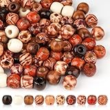Deepton 300 Stück Holzperlen zum Auffädeln, 10mm Holzkugeln mit Loch, Makramee Holzperlen Großes Loch, Holzperlen Natur, Muster Gemalt Perlen Holz für Dreadlocks Makramee Armband Basteln