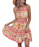 ABINGOO Damen Bohemian Sommerkleid Rückenfrei Neckholder Minikleid Hohe Taille A-Linie Swing Freizeitkleid Blumendruck Strandkleider(Rosa,M)