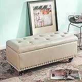 LDTTYRC Getufteter Ottoman mit Stauraum aus Kunstleder, Couchtisch mit Stauraum, rechteckige Aufbewahrungsbank mit Holzbeinen, hellgelb, 100 x 40 x 43 cm (39 x 16 x 17 Zoll)