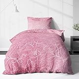 LINKHOFF Biber Bettwäsche Set 2tlg 135 x 200cm - Winterbettwäsche Altrosa Blumen Ranken-Motiv in Rosa Weiß - Fein-Biber 100% Baumwolle - 1x135x200 + 1x 80x80cm