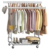 SONGMICS Kleiderständer, Schwerlast-Garderobenständer, auf Rollen, 2 ausziehbare Kleiderstangen, verstellbare Höhe, mit Ablage, Haken, silbern HSR015E01