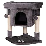 lionto Kratzbaum für Katzen mit Höhle & 2 Plüschballen inkl. Glöckchen, Höhe 60 cm, Katzenbaum mit robustem Sisalseil & weichem Plüsch, gemütliche Liegefläche, für kleine & große Katzen, dunkelgrau
