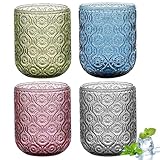 4 Stück Trinkgläser Set Bunt, 260ml Trinkgläser Bunt, Farbig Wassergläser Mit Geprägtem Design, Stapelbar Mehrfarbige Wassergläser, Florale Geprägte Glasbecher Für Bier, Saft, Wasser, Whiskey, Kaffee