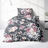 Träumschön Biber Bettwäsche Set 2tlg 135x200 cm + 80x80 cm – Flauschige Rosen Bettwäsche Grau – Weiche Winterbettwäsche mit Blumen - Atmungsaktiv, Warm & Hautfreundlich - 100% Baumwolle