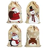 Weihnachtssäcke. 35 x 50 cm große, mittelgroße Weihnachtsbeutel aus Jute mit Kordelzug. 4 Designs: Weihnachtsmann, Schneemann, Rentier, Pinguin. 4er-Pack.